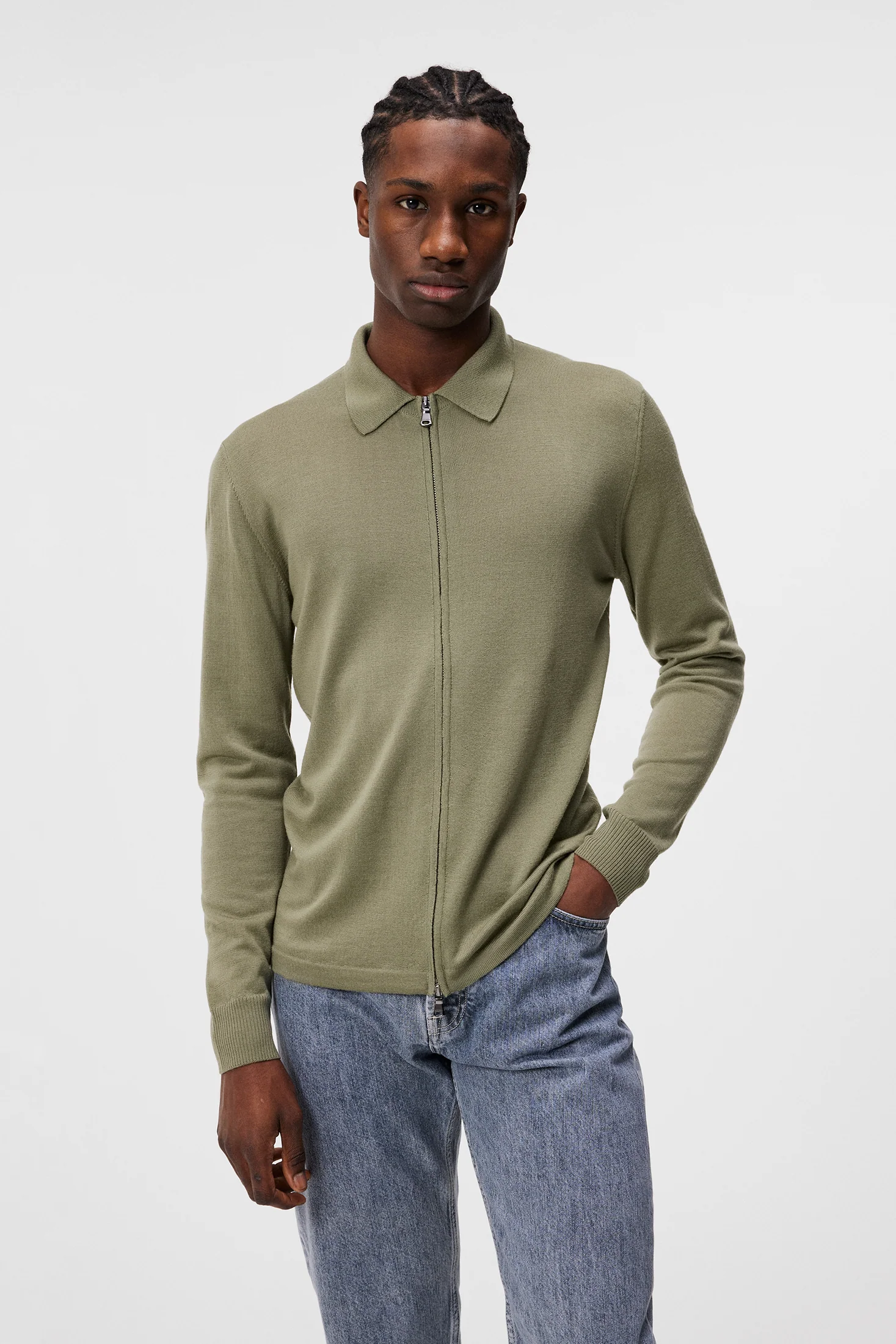 Nyle Light Merino Zip Cardigan / Oil Green - Image 2